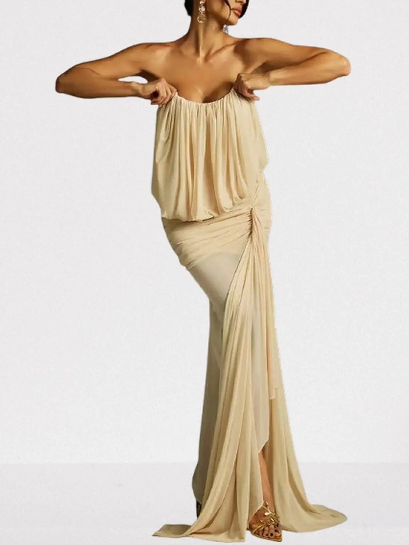 Gathered Sleeveless Draped Gown in Light Beige - Dresses