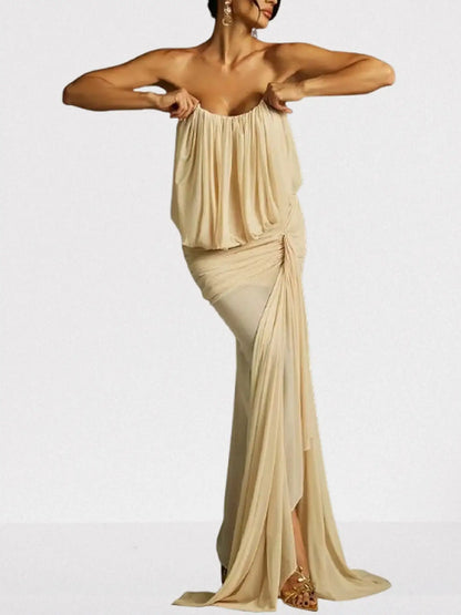 Gathered Sleeveless Draped Gown in Light Beige - Dresses