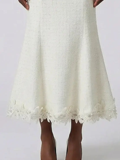 Ivory Tweed Jacket and Midi Skirt Set - Suits & Sets