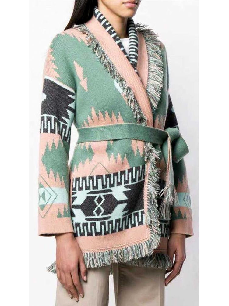 Geometric Jacquard Fringed Cardigan - Branna Couture