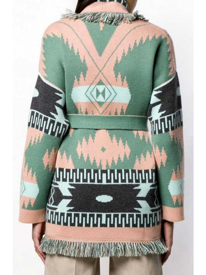 Geometric Jacquard Fringed Cardigan - Branna Couture