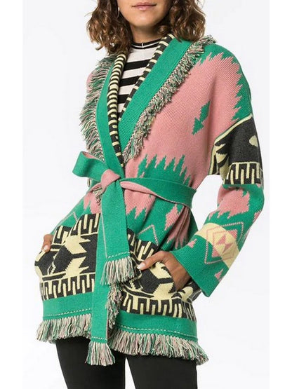 Geometric Jacquard Fringed Cardigan - Branna Couture