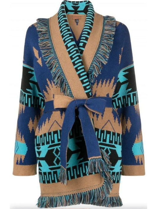 Geometric-Print Fringed Cardigan - Branna Couture