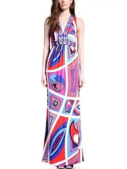 Geometric Print Long Jersey Silk Halter Dress - Branna Couture