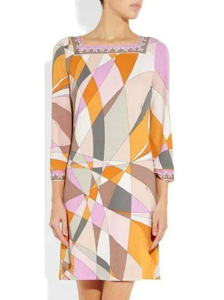 Geometric Print Square-Neck Jersey Silk Mini Dress-Multi Color - Branna Couture