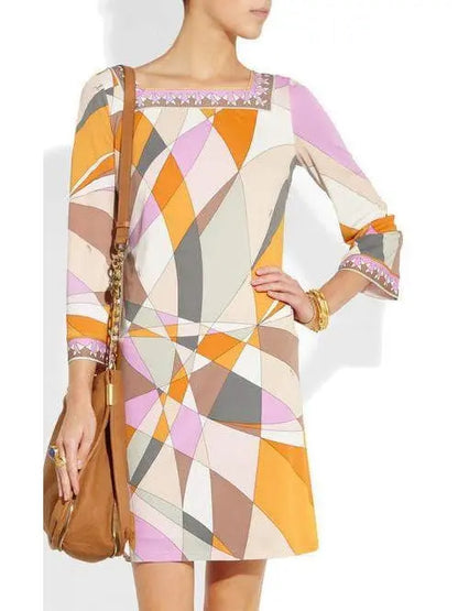 Geometric Print Square-Neck Jersey Silk Mini Dress-Multi Color - Branna Couture