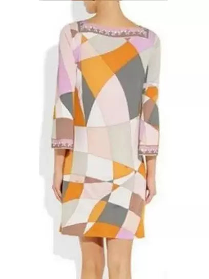 Geometric Print Square-Neck Jersey Silk Mini Dress-Multi Color Branna Couture