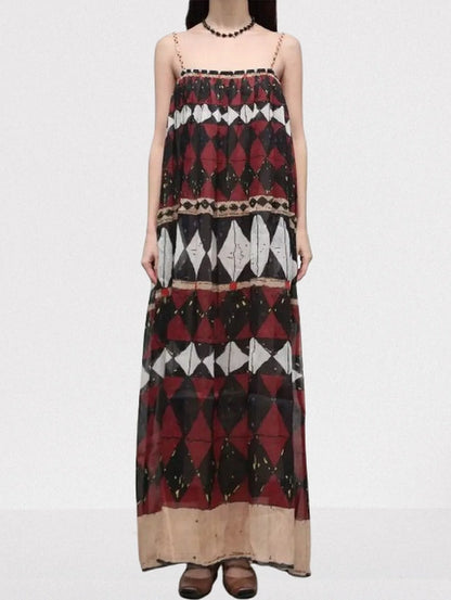 Geometric-Print Silk and Linen Maxi Dress - Small - Dresses