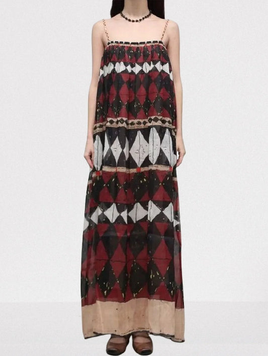 Geometric-Print Silk and Linen Maxi Dress - Small - Dresses