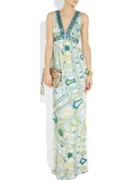 Geometric Printed Deep V-Neck Sleeveless Long Jersey Silk Maxi Dress - Branna Couture