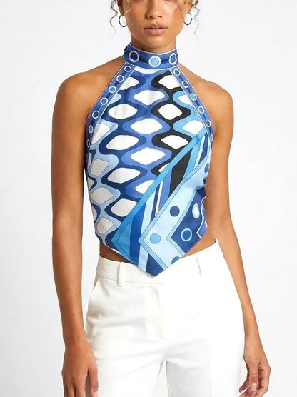 Geometric Print Backless Silk Halter Top - Small - Tops