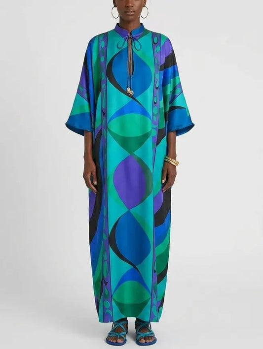 Geometric Print Silk Maxi Kaftan Dress - S - Dresses