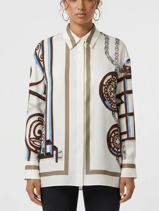 Geometric Print Silk Shirt with Concealed Button Closure - Small - Tops