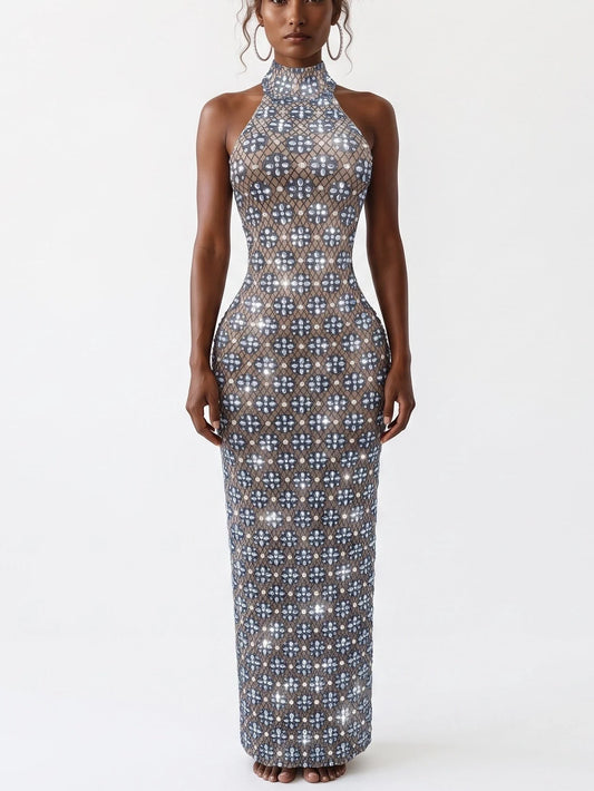Geometric Rhinestone Halterneck Maxi Dress - S - Dresses