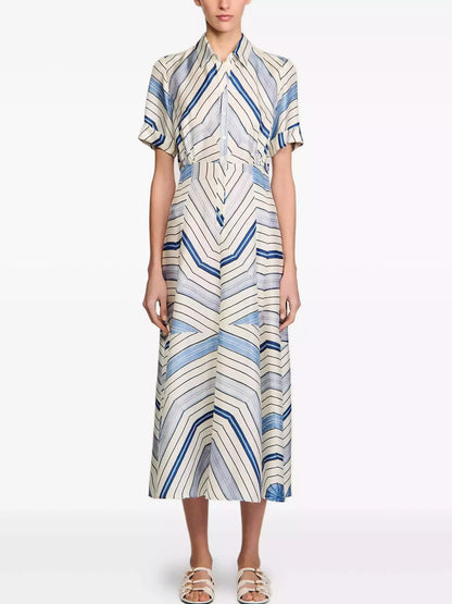 Geometric Striped Midi Short-Sleeve Shirt Dress - Small - Dresses
