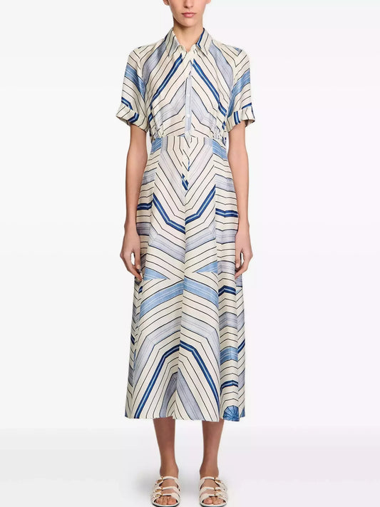 Geometric Striped Midi Short-Sleeve Shirt Dress - Small - Dresses
