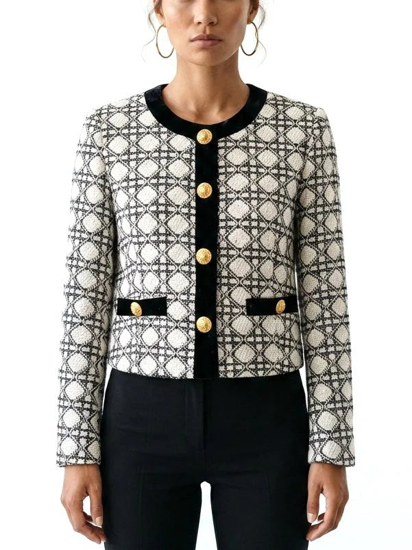 Geometric Tweed Jacket with Black Velvet Trim - S - Jackets