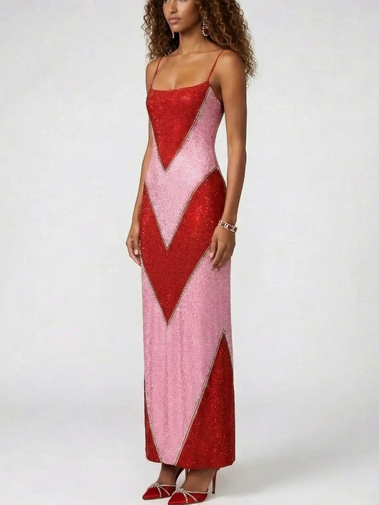 Geometric Crystal-Embellished Stretch Maxi Gown - Dresses