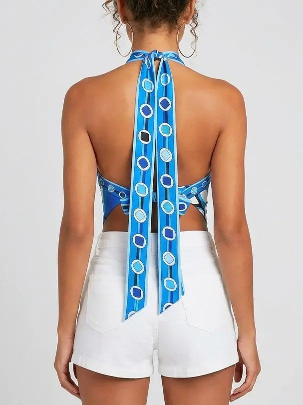 Geometric Print Backless Silk Halter Top - Tops