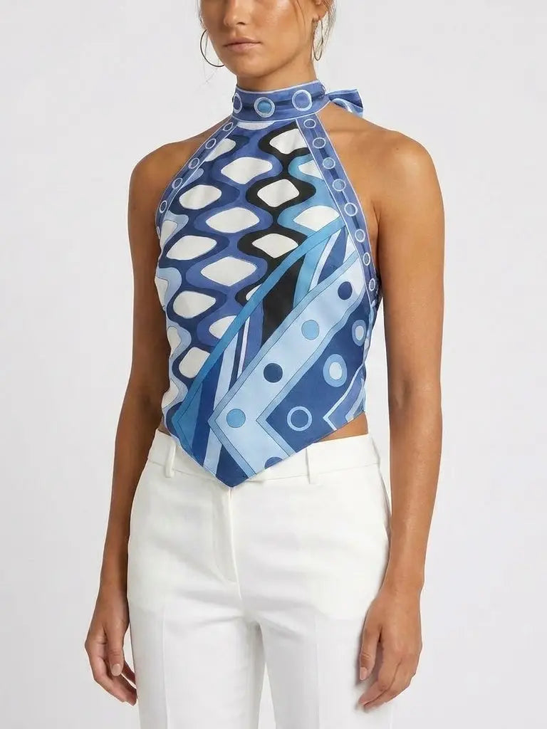 Geometric Print Backless Silk Halter Top - Tops