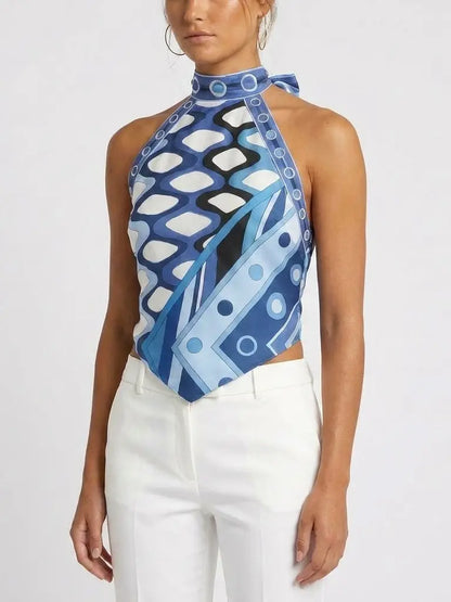 Geometric Print Backless Silk Halter Top - Tops