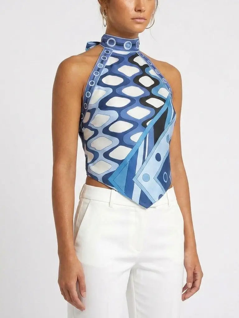 Geometric Print Backless Silk Halter Top - Tops