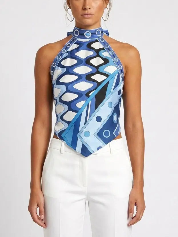 Geometric Print Backless Silk Halter Top - Tops