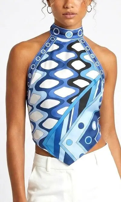 Geometric Print Backless Silk Halter Top - Tops