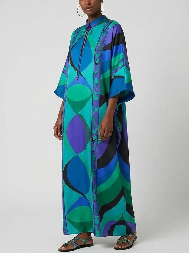 Geometric Print Silk Maxi Kaftan Dress - Dresses