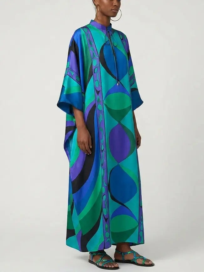 Geometric Print Silk Maxi Kaftan Dress - Dresses