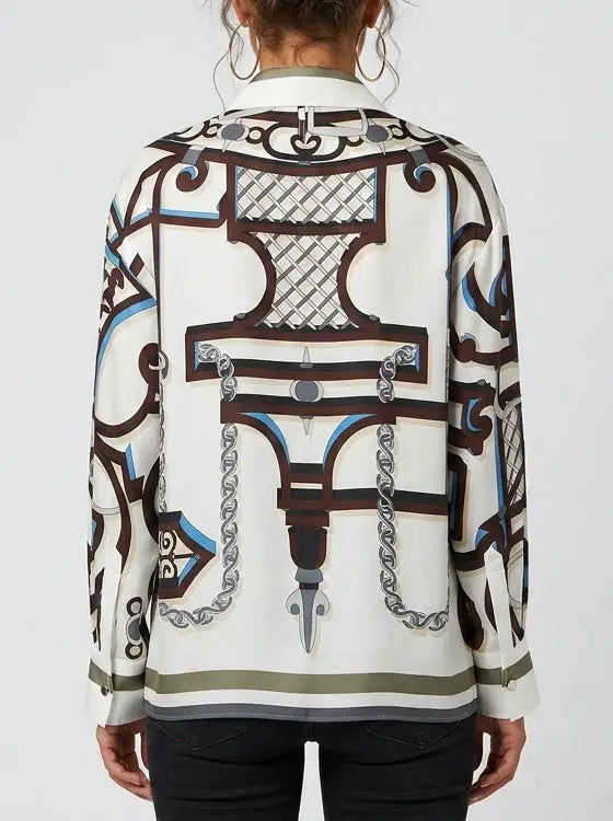 Geometric Print Silk Shirt with Concealed Button Closure - Tops