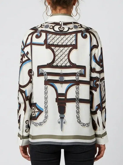 Geometric Print Silk Shirt with Concealed Button Closure - Tops