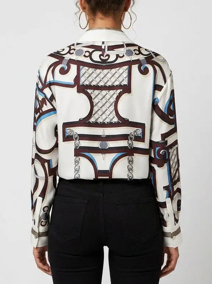 Geometric Print Silk Shirt with Concealed Button Closure - Tops