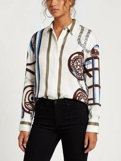 Geometric Print Silk Shirt with Concealed Button Closure - Tops