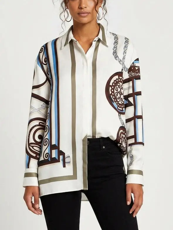 Geometric Print Silk Shirt with Concealed Button Closure - Tops
