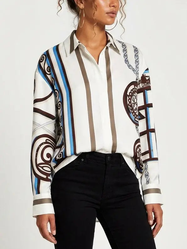 Geometric Print Silk Shirt with Concealed Button Closure - Tops