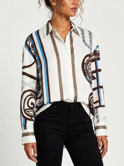 Geometric Print Silk Shirt with Concealed Button Closure - Tops