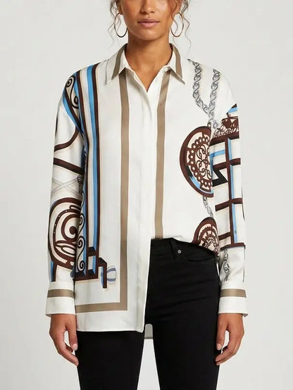 Geometric Print Silk Shirt with Concealed Button Closure - Tops