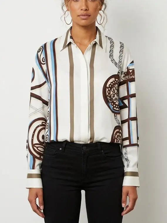 Geometric Print Silk Shirt with Concealed Button Closure - Tops