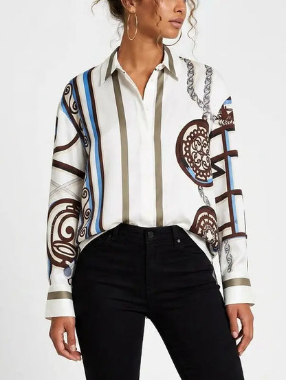 Geometric Print Silk Shirt with Concealed Button Closure - Tops