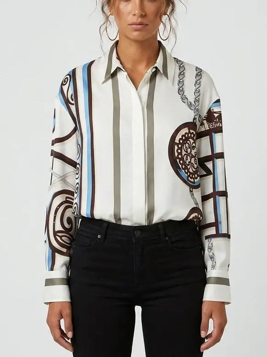 Geometric Print Silk Shirt with Concealed Button Closure - Tops