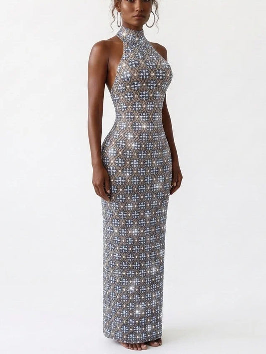 Geometric Rhinestone Halterneck Maxi Dress - Dresses