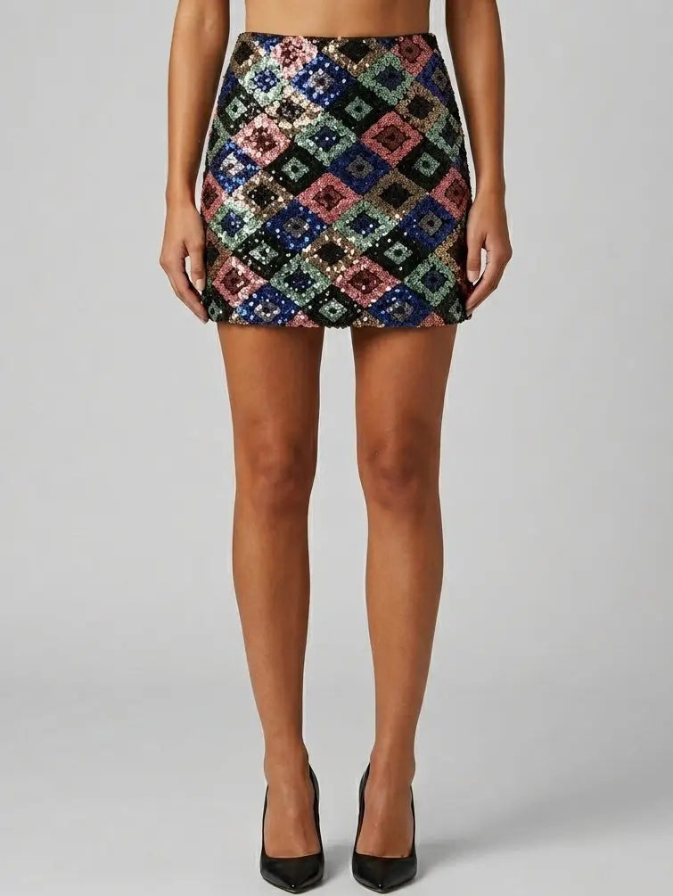 Geometric Sequin Mini Skirt in Multicolor - Skirts