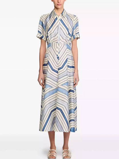Geometric Striped Midi Short-Sleeve Shirt Dress - Dresses