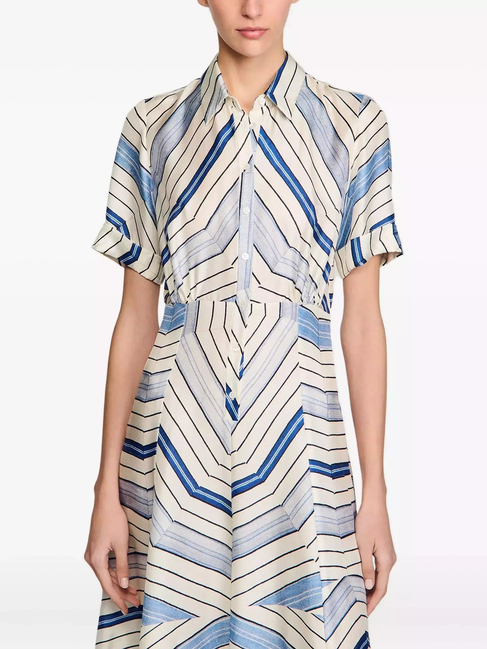 Geometric Striped Midi Short-Sleeve Shirt Dress - Dresses