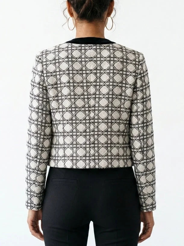 Geometric Tweed Jacket with Black Velvet Trim - Jackets