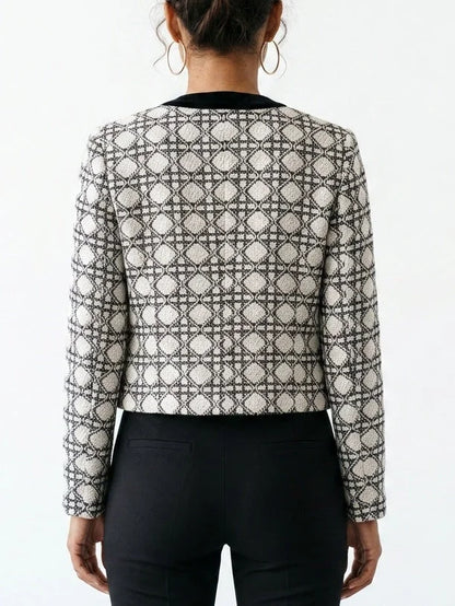 Geometric Tweed Jacket with Black Velvet Trim - Jackets
