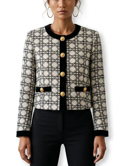 Geometric Tweed Jacket with Black Velvet Trim - Jackets