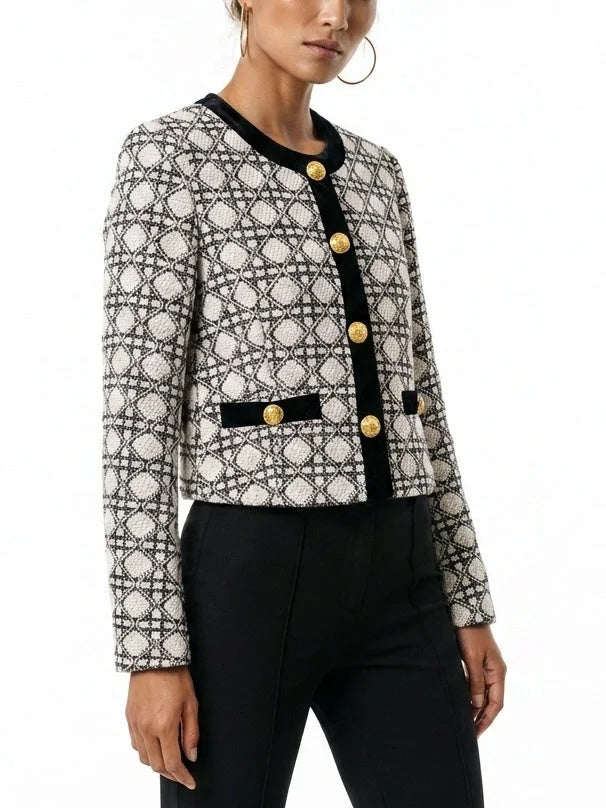 Geometric Tweed Jacket with Black Velvet Trim - Jackets