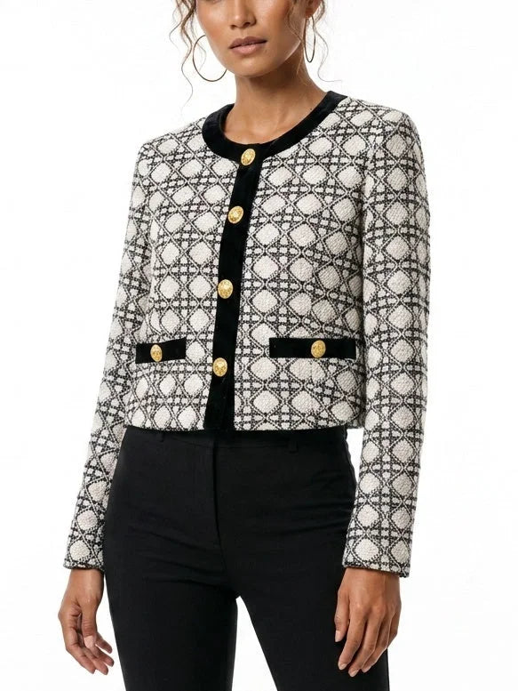 Geometric Tweed Jacket with Black Velvet Trim - Jackets